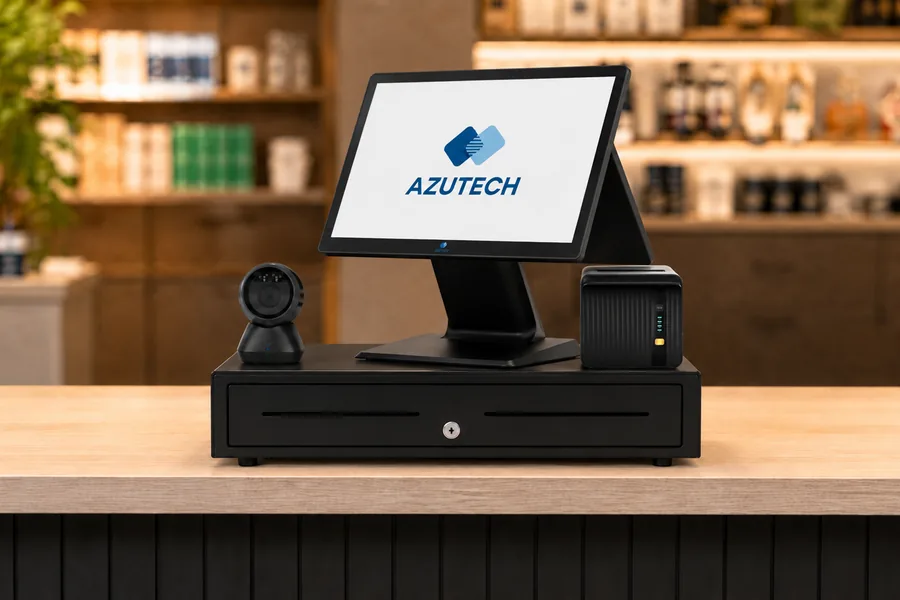 Azutech kassasysteem met geldlade, scanner en bonprinter op de toonbank