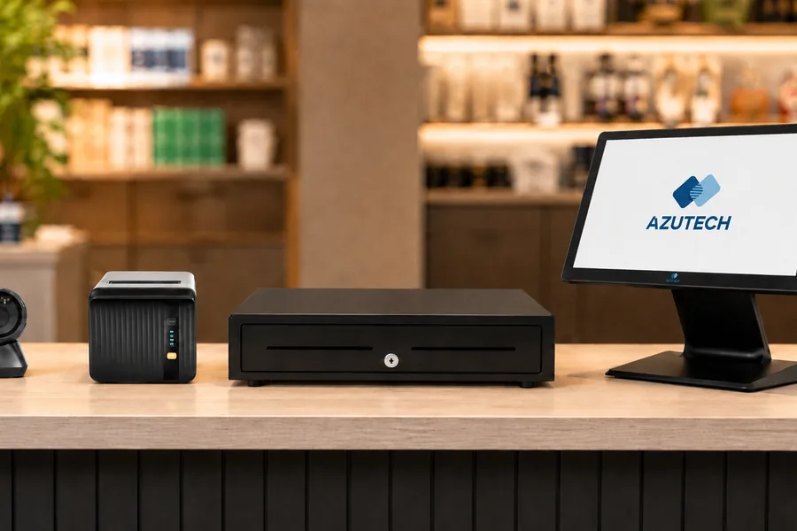 Een complete Azutech-opstelling op de toonbank: kassa, geldlade, scanner en bonprinter