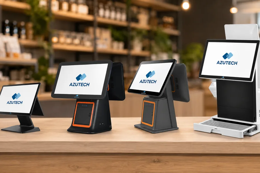 Azutech kassasystemen op een rij op de toonbank