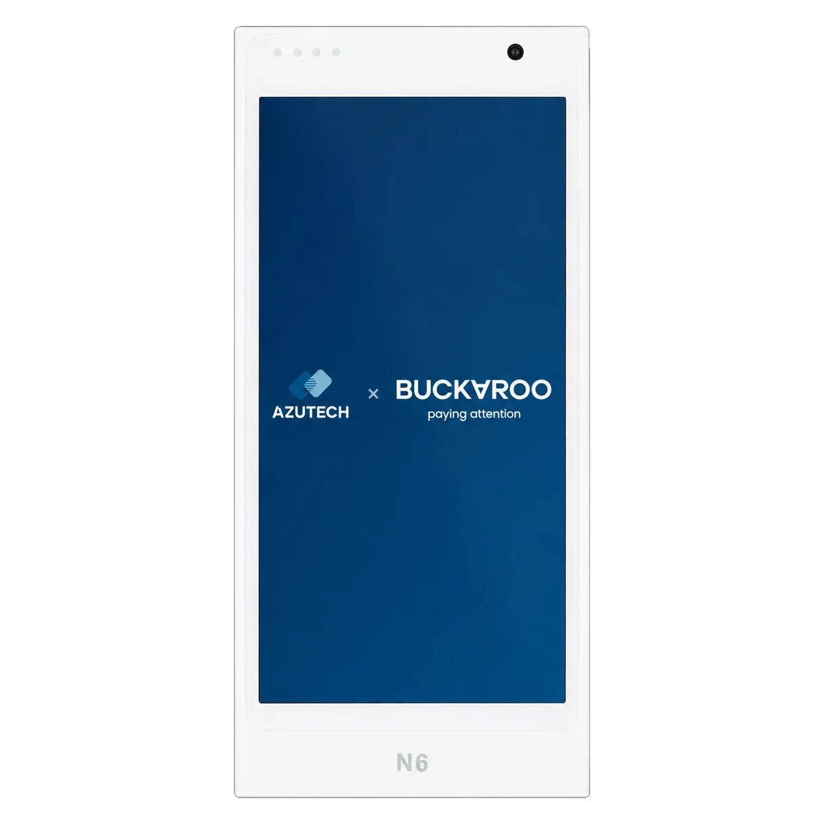 Voorkant van de Buck Smart: de lampjes voor contactloos betalen, het touchscreen en de zijkanten met chiplezer en aan/uit-knop